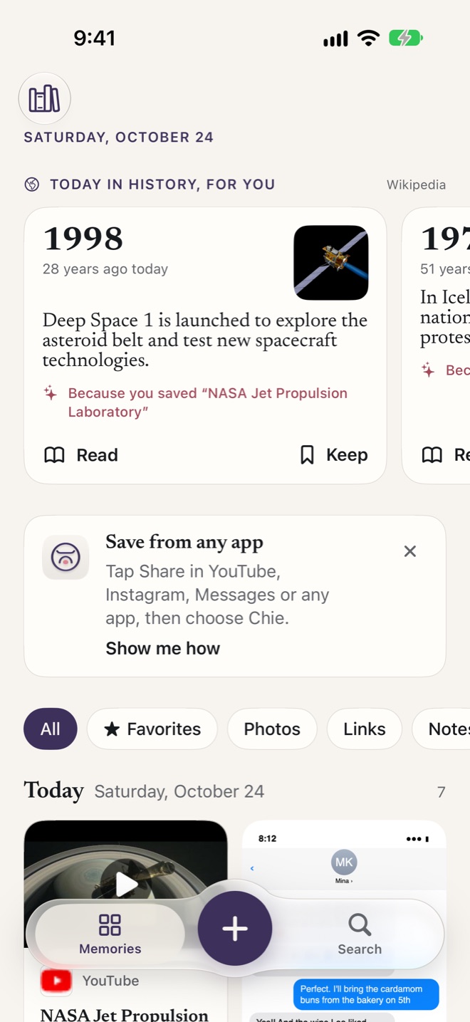 The top of Chie’s home screen: a Today in history card about the launch of Deep Space 1, chosen because of a saved NASA video, above the filters and today’s memories