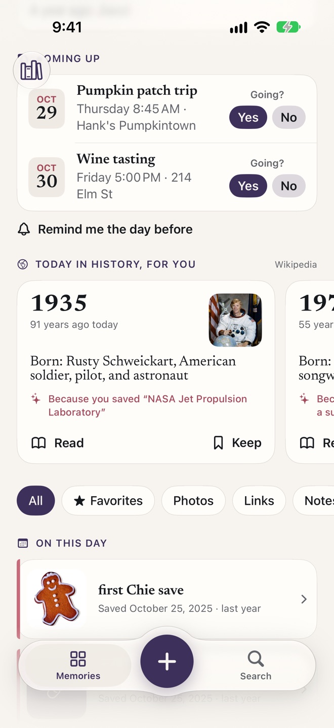 Chie’s home screen: a pumpkin patch trip and a wine tasting coming up, each asking “Going?”, a Today in history card about the astronaut Rusty Schweickart chosen because of a saved NASA video, and a memory saved on this day last year