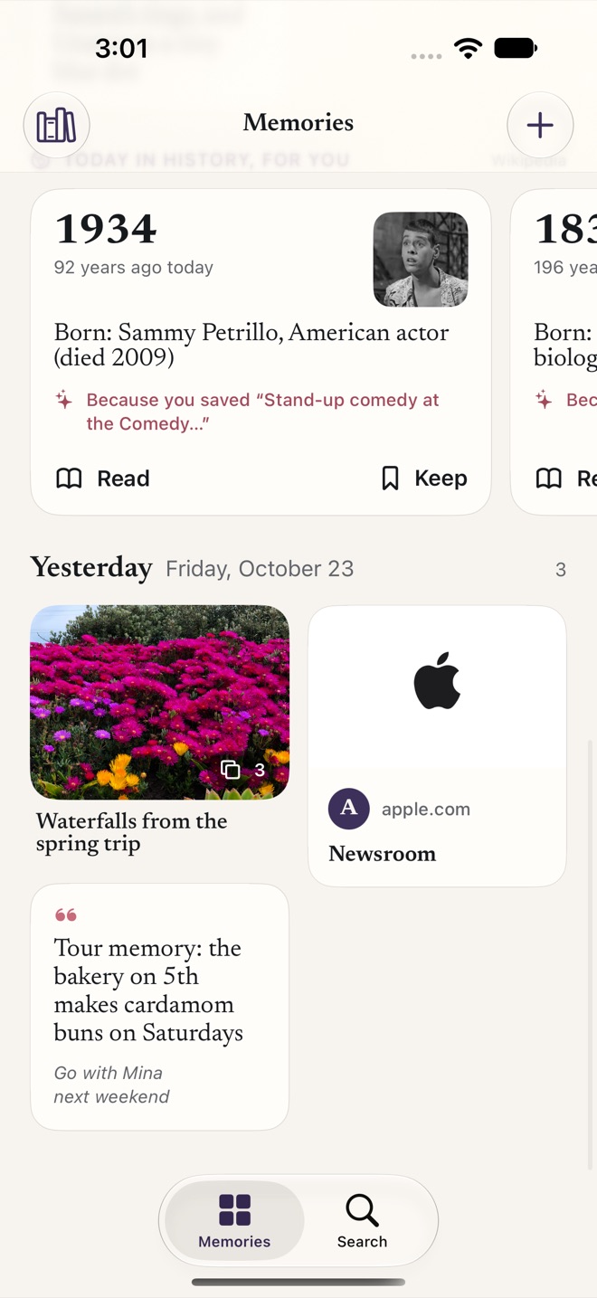 A Today in history card about a comedian, chosen because of a saved note about a stand-up show