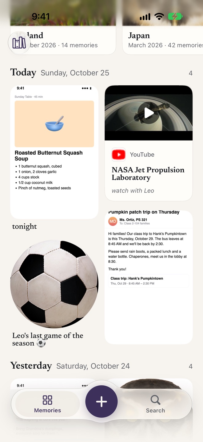 Chie home screen: trips to Iceland and Japan, then today’s memories (a soup recipe saved for tonight, a NASA video to watch with Leo, a photo of Leo’s last soccer game and a school email about a pumpkin patch trip), above a bottom bar with a round add button