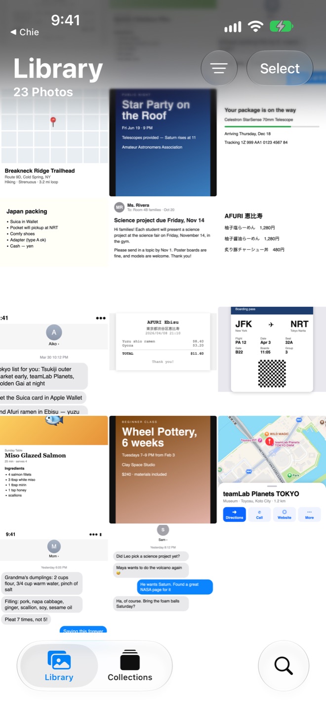 The Photos library: screenshots of chats, maps, menus, posters, a boarding pass and receipts, all mixed together