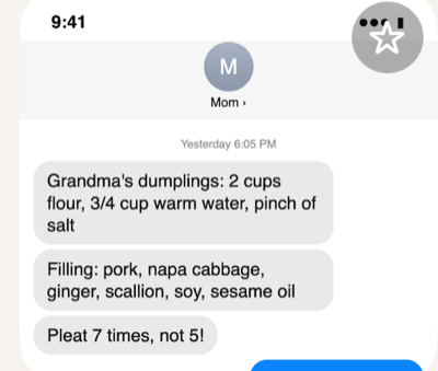 A screenshot of a text from Mom with Grandma’s dumpling recipe