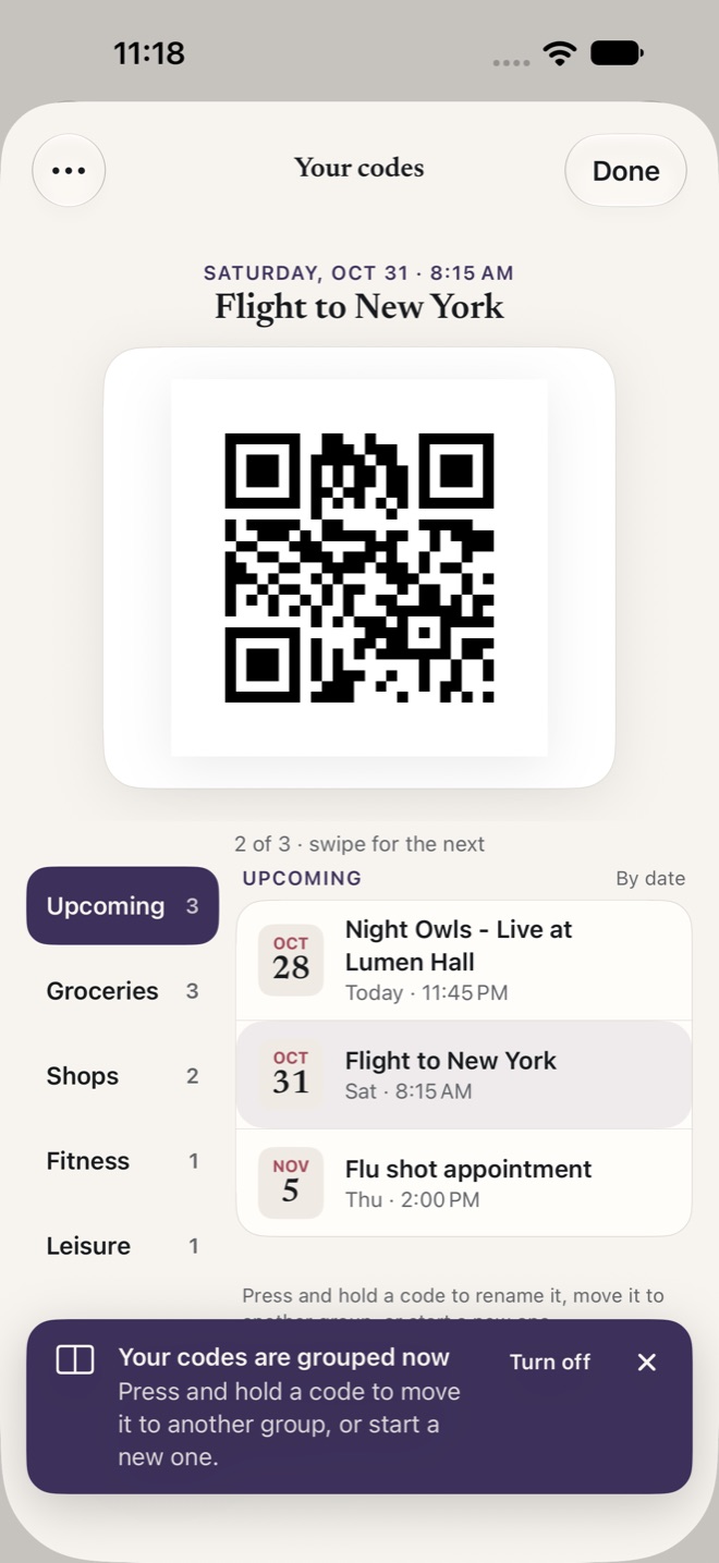 Your codes showing the boarding pass code for a flight to New York on Saturday at 8:15 AM, next in the Upcoming group