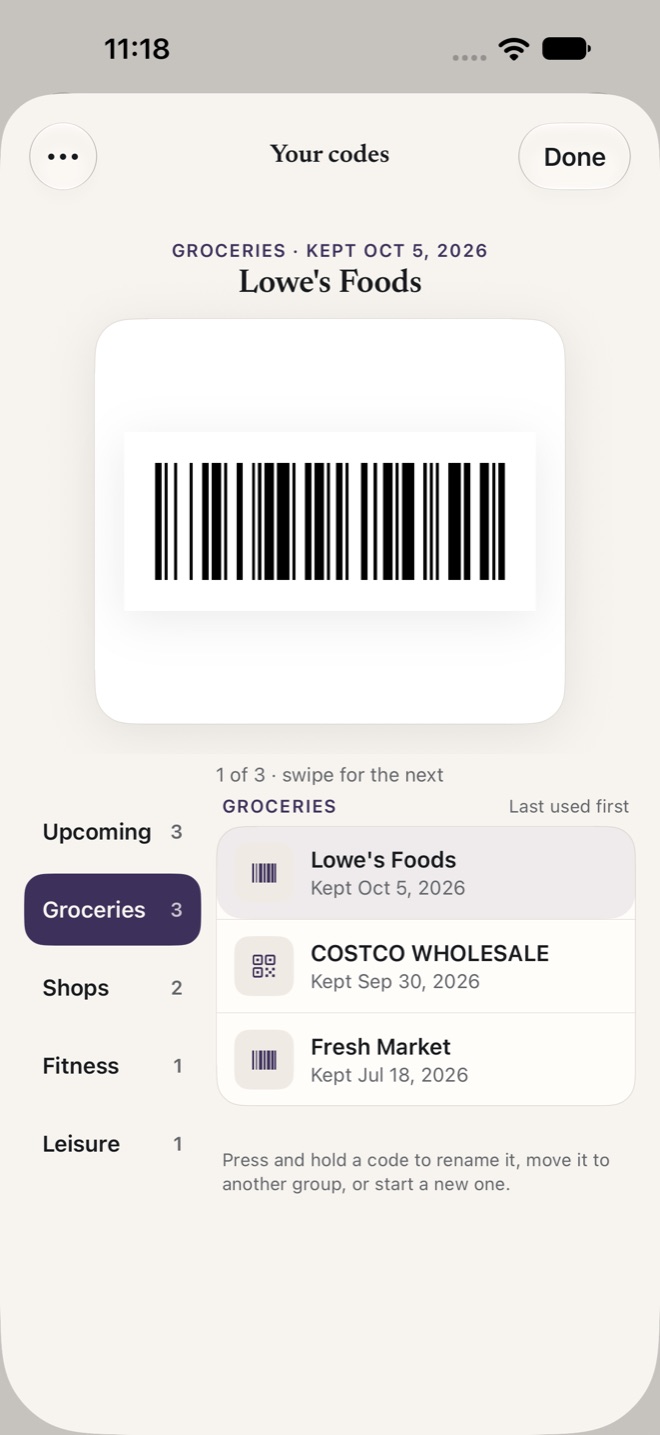 Your codes showing the barcode for a Lowe’s Foods card in the Groceries group