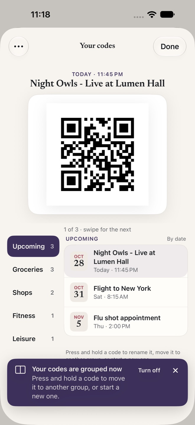 Your codes showing the QR code for Night Owls, live at Lumen Hall, today at 11:45 PM, with the Upcoming group listed below