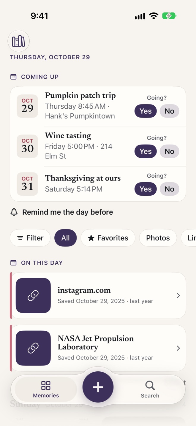 Chie’s home screen: a pumpkin patch trip, a wine tasting and Thanksgiving coming up, each asking Going?, and memories saved on this day last year