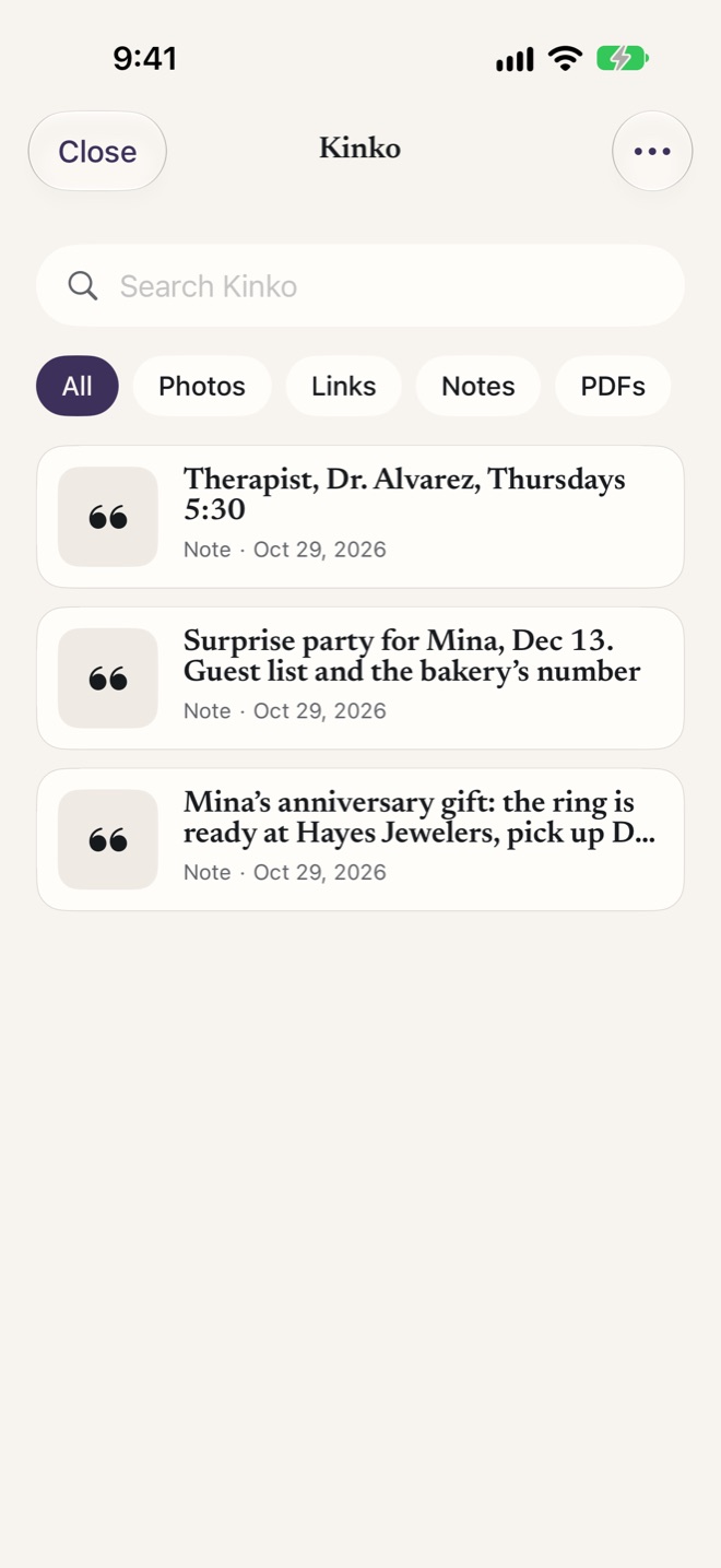 Kinko open, with its own search and three private notes: a therapist appointment, a surprise party for Mina, and Mina’s anniversary gift