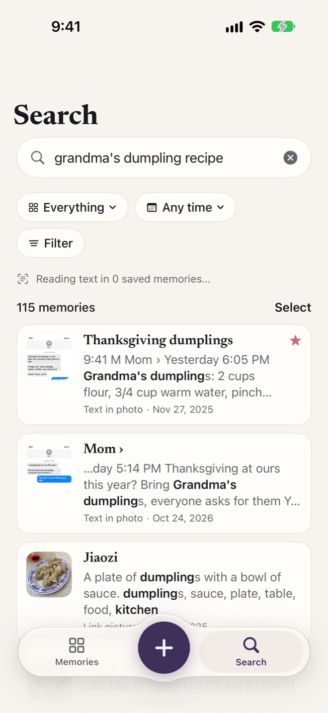 Chie’s search for grandma’s dumpling recipe: the first result is a starred memory, Thanksgiving dumplings, a text from Mom with the recipe, saved November 27, 2025