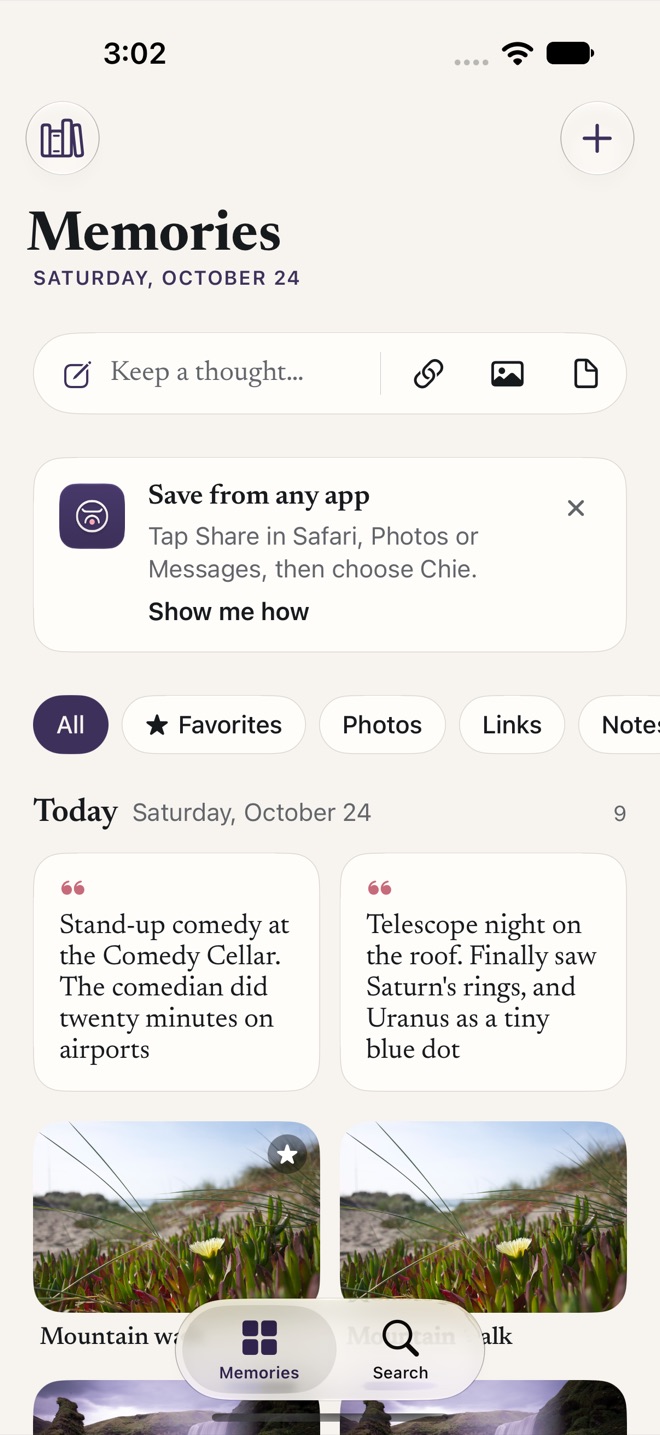 Chie home screen: a capture bar, filters, and a day of saved notes and photos