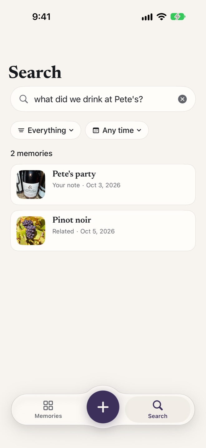 Asking “what did we drink at Pete’s?” brings up the bottle photo saved as “Pete’s party” first