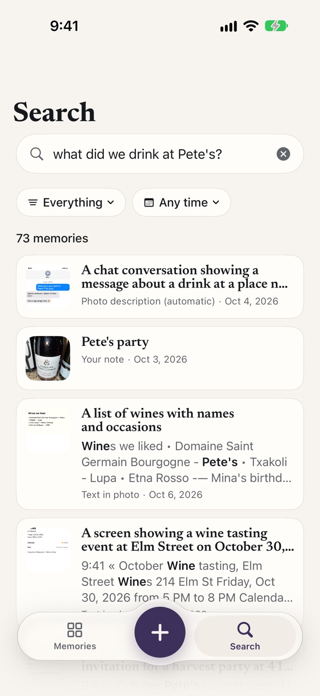 Asking “what did we drink at Pete’s?” brings up a text about the spritz at Pete’s party, the bottle photo saved as “Pete’s party”, a list of wines, and a wine tasting Pete is coming to