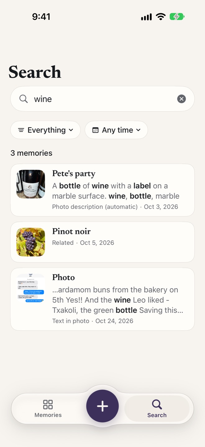 Searching “wine” finds a photo of a bottle saved as “Pete’s party”, a Pinot noir link saved with no note, and a text screenshot that mentions wine