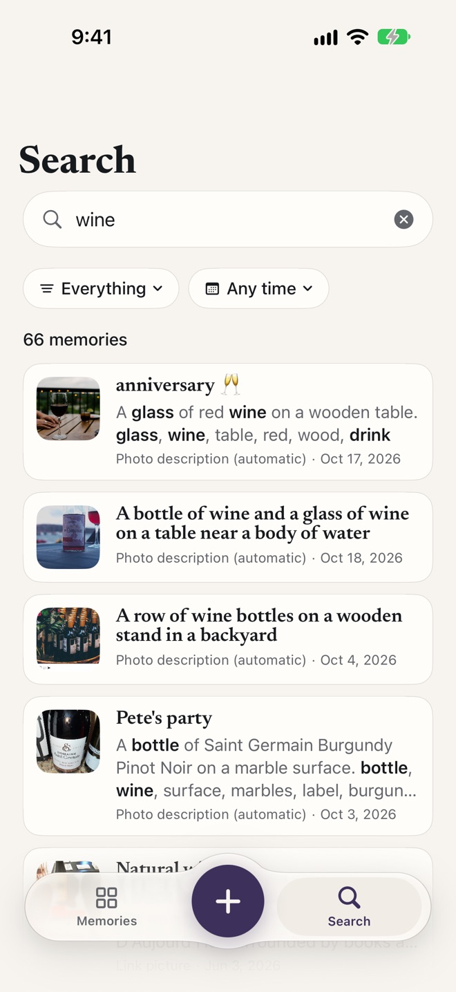 Searching “wine” finds 66 memories from the past weeks: an anniversary dinner photo, a bottle and glass by the water, wine bottles at a backyard party, and a bottle photo saved as “Pete’s party”